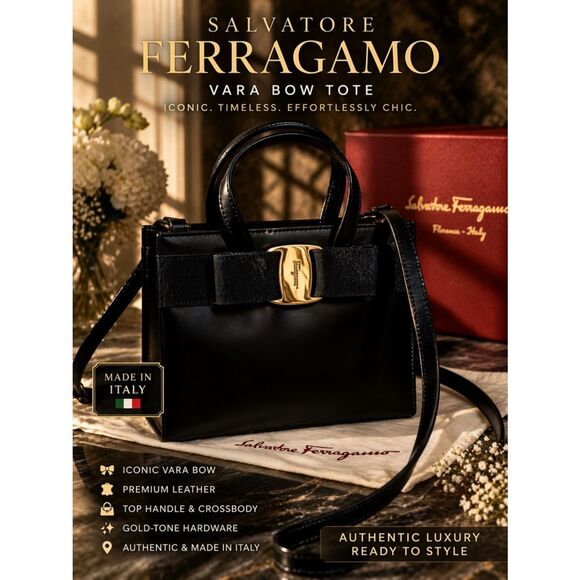 Salvatore Ferragamo Handbags - Salvatore Ferragamo Bow Leather Tote Black Gold Hardware Top Handle Crossbody